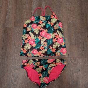 Wonder Nation Pink and Green Bikini Set with Tropical Floral Design